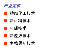 文本框: 产业定位
■ 精细化工技术
■ 新材料技术
■ 环保技术
■ 新能源技术
■ 生物医药技术
